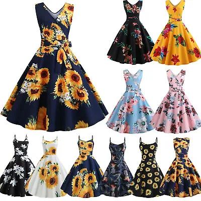 $19.59 • Buy Women Rockabilly Dress Retro Sunflower Floral Print Holiday Swing Skater Dresses