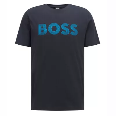 NWT HUGO BOSS Cotton-Jersey T-Shirt With FINELINE LOGO ARTWORK Dark Blue M / XL • $33.95