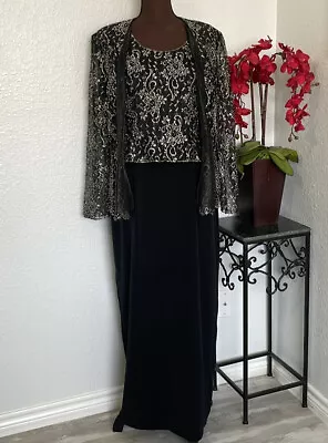 Montage By Mon Cheri Black Silver Beaded Floral Dress Jacket Formal Gown Set 14 • $44.99