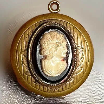 Vintage Victorian Revival Round  Gold Tone Photo Locket Cameo Pendant • $22