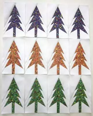 Mini Quilt Top Blocks  12  TREES  4” X 6-3/4   PURPLE ORANGE & GREEN • $22.50