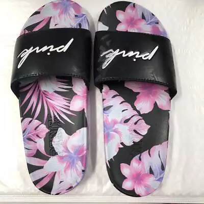 Victoria's Secret Pink Single Strap Slide Sandals Black Floral Script Logo M • $19.99