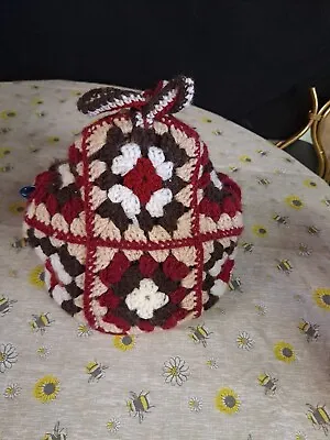 £10 • Buy Handmade Vintage Crochet Squares Red Brown & Cream Tea Cosy Teapot Cover