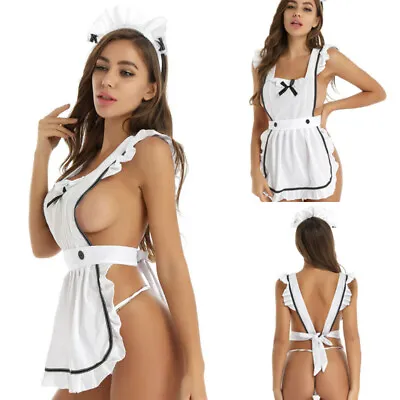 Women's Maid Costume Apron Cosplay Uniform Fancy Dress Hair Hoop G-string Outfit • $12.87