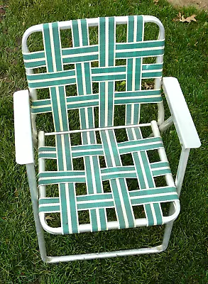 Vintage Folding Aluminum Frame Lawn Patio Chair Green/White Stripe Webbing • $17.95