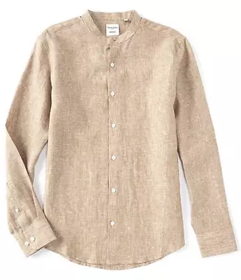 Murano Mens New $90 Linen Mandarin Band Collar Button Shirt M Medium Brown NWT • $44.99