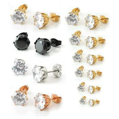 Round Ear Earrings Studs Rose Gold Tone Men's Women Black 3mm-8mm Clear CZ Rings • $16.87