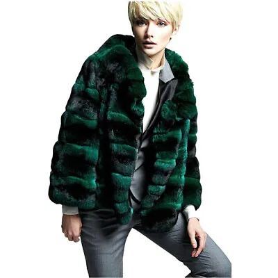 Green Women Chinchilla Print Short Coat Real Rex Rabbit Fur Jacket Lapel Collar • $341