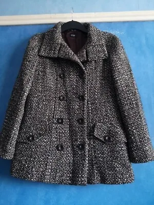 Hobbs Brown Wool Blend Tweed Funnel Neck Double Breasted Coat Jacket Size 12 • £17