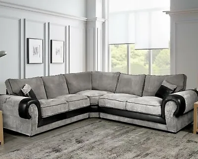 £729 • Buy Large 5 Seater Corner Sofa LEFT RIGHT 3 + 2 In Black & Grey Cord BRAND NEW