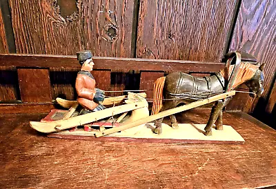 Antique Folk Art Hand Carved Wooden Sleigh Horse & Russian Driver • $150