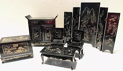 Lot Of 6 Vintage Dollhouse Furniture Miniature Black Gold Lacquer Oriental • $27.95