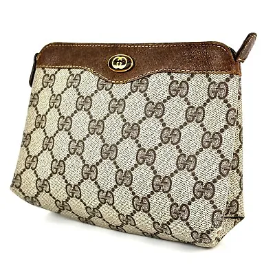 Vintage Gucci Pouch Clutch Bag GG Supreme PVC Leather Brown Authentic • $169