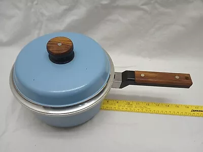 KF Kitchen Fair Cast Aluminum Sauce Pot Pan Lid 3Qt Vintage Blue Wooden Handle • $60