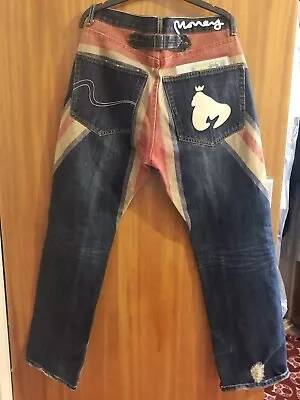 Very Rare Money Clothing Union Jack British Stering Pound Men’s Jeans Demin Sz34 • £145