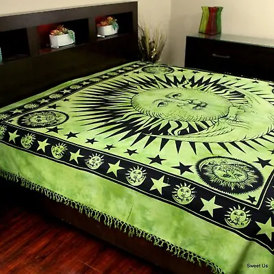 Heavy Cotton Celestial Sun Moon Star Bedspread Bed Sheet Full Green • $48.86