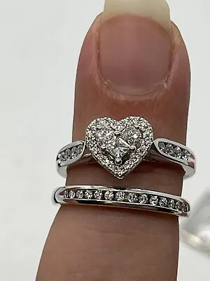 $500 • Buy 14k White Gold Diamond Heart Cluster Halo Ring Set Sz 7 NEW Zales