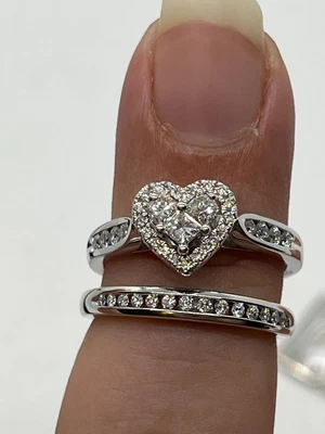 $500 • Buy 14k White Gold Diamond Heart Cluster Halo Ring Set Sz 7 NEW Zales