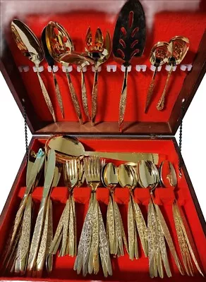 Vintage National Stainless Gold Tone Flatware Boxed Set Roses 74 Piece Serve 12 • $74.99