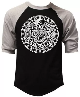 Men's BW Mayan Calendar Black Baseball Raglan T Shirt Aztec Symbol Mexico Flag • $16.99