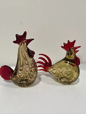 Murano Style Blown Art Glass Rooster Brown Amber Red Swirl Chicken Pair 7-8” • $40