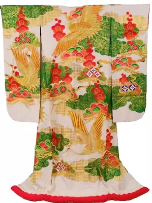 Japanese Kimono Uchikake Vintage Gorgeous Wedding Gold Crane Flower (u64) • $225
