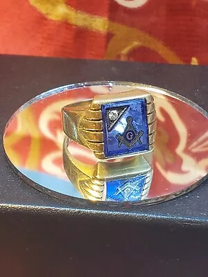 Vintage Estate Masonic Ring 10k Gold W Cobalt Face And Diamond Size 9 6.49g! • $320