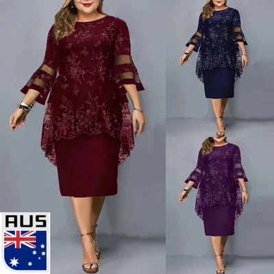 $42.29 • Buy Plus Size Womens Lace Mesh Sleeve Bodycon Dress Evening Cocktail Party Ball Gown