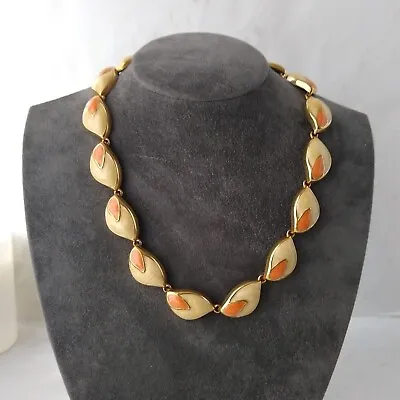 Gold Tone Enamel Link Necklace Classic Retro Occasion Cream & Peach 90s • £12.50