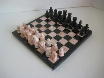 Marble Onyx Chess Board Black Pink With All 32 Pieces 7 X 7 In. • $54