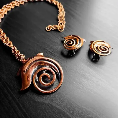 Vintage Renoir Style Jewelry Modernist Solid Copper Swirls Necklace Earring Set • $61.75