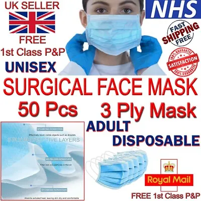 3ply Surgical Face Masks Disposable Mouth Nose Guard Protection Top Quality Mask • £12.99