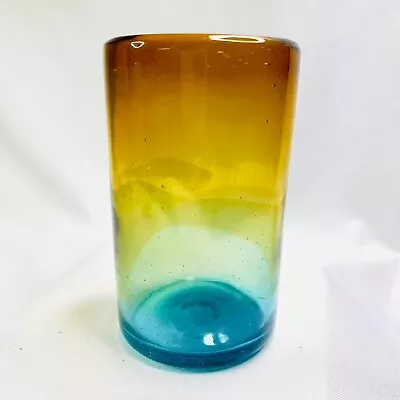 Mexican Hand Blown Teal Blue Turquoise N Amber Drinking Glass Tumbler 5.25 In • $16.99