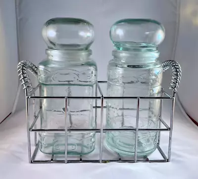 Milk Can Green/Blue Tented Glass Bottle Set Chrome Wire Carrier Rack 11  X 9  • $15