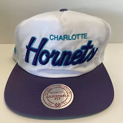 Mitchell & Ness Charlotte Hornets White Throwback Script Zipback Strapback Hat • $27.98