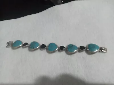 Vintage Taxco Mexico 950 Sterling Silver Turquoise Onyx Link Bracelet 8” • $69