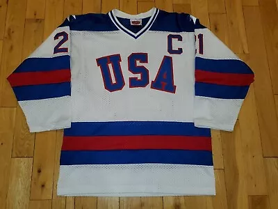 Vintage Mike Eruzione 1980 TEAM USA White Miracle On Ice Hockey Olympic Jersey M • $152.99