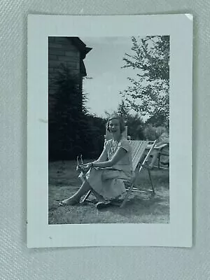 Woman In Dress On Lounge Chair Vintage B&W Photograph Snapshot 3.25 X 4.5 • $9.99