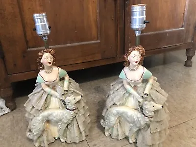 Vintage Pair Mid Century Table  Bedroom Lamps W/ Lady Dogs  • $105