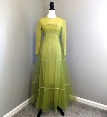 Elinor Simmons For Malcolm Starr Chartreuse Green Illusion Gown Rhinestone 60s • $332.48