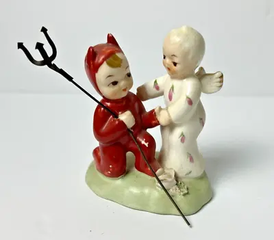 Rare Vintage Napco S542D Saint & Sinner Angel & Devil With Pitchfork 3  Figurine • $119.96