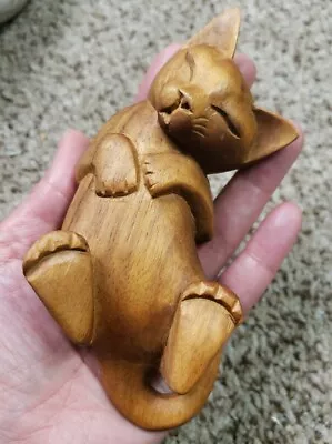 Wood Carved Cat  Sleeping/Folk Art Vintage Statue Extremely Cute • $19