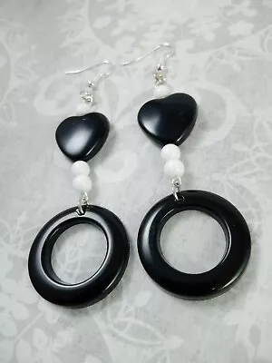 MOD Heart & Hoop 60s Earrings 70s Style Black/white Bohemian Groovy Costume • £4.75