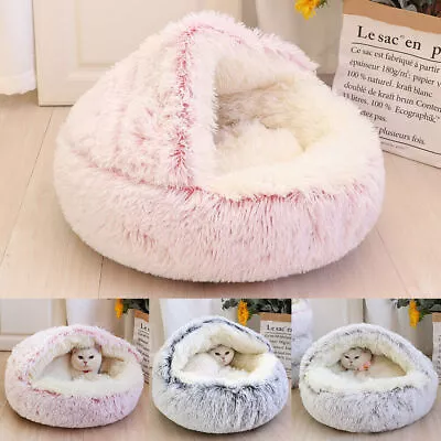 Pet Dog Cat Bed Round Plush Kitten Warm Sleeping Nest Bed Cat Igloo Cave House • £12.89