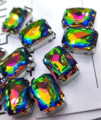 £7.99 • Buy 10 10x14 Octagon Quality Austria Glass Vitrail Green Purple Crystals Sew On Bead