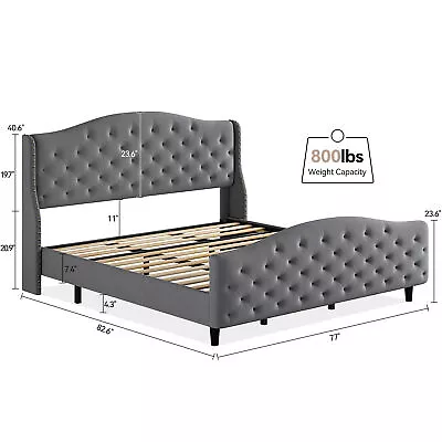 Upholstered King/Queen Size Bed Frame Tufted Platform Velvet Headboard Footboard • $359.55