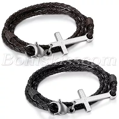 Men Women Retro Multilayer Leather Bible Lords Prayer Cross Bracelet Bangle Cuff • $7.99