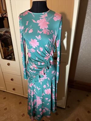 £12.50 • Buy ASOS Ladies Green Pink Floral Ponte Stretch Ruffle Trim Long Dress Size 10 