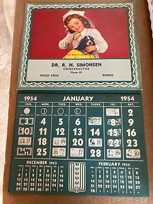 VINTAGE 1954 CHIROPRACTOR CALENDAR VALLEY FALLS KANSAS - Young Nurse & Dog • $15