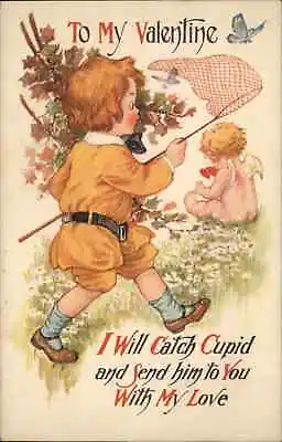 Valentine Fantasy Boy Catches Cupid Butterfly Net C1910 Vintage Postcard • $7.05